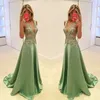 Sexy Sexy Evening Dresses Wear Plunging V Neck Olive Green Satin Lace Appliques Beaded Illusion Long Prom Gowns Plus Size Formal Party Dress