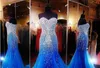 2020 핫 블링 섹시한 이브닝 드레스는 연인 크리스탈 주요 구슬 로얄 블루 얇은 명주 그물 긴 지퍼로 돌아 가기 정장 선발 대회 댄스 파티 파티 드레스를 착용