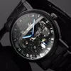 2021 New Black Men's Skeleton Orologio da polso in acciaio inossidabile Antico Steampunk Casual Scheletro automatico Orologi meccanici Maschile + Scatola per orologi