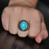 Mens Turquoise crack stone Rings vintage Retro Stainless steel Natural stone Carved finger Rings For Boys Fashion Punk Jewelry342R