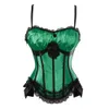 Women's sexy cup corset with straps green satin Bustier and black/green lace mini skirt party Showgirl body slimming