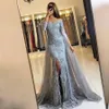 Sweetheart Kant Applicaties Front-Split Nieuwste Lange Mouw Mermaid Prom Dress Off The Shoulder Gray Front Slit Avondjurk