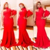 Sexy design Red Evening Suknie Saudyjskie Arabia Halter Mermaid Prom Dresses z jednym krótkim rękawem proste długich afrykańskich kobiet Vestidos