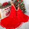 Latest 2017 Christmas Day Red Mother And Daughter Party Dresses With Sweetheart Bow Sash Petals Long Formal Prom Gowns Custom Made EN8258