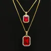 2 stks Ruby Ketting Sieraden Set Zilver Vergulde Iced Out Out Square Red Pendant Hip Hop Box Chain