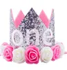 Couronne de fête scintillante pour anniversaire de bébé, bandeau diadème en fleurs roses et crémeuses artificielles, nouvelle collection, HJ146