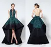 Sexy Backless Halter High Low Evening Gowns Lace Applique See Through Prom Dresses Saudi Arabic Formal Party Dresses Personalized Vestidos