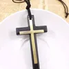 Double wooden cross pendant necklace vintage alloy leather cord sweater chain men women jewelry lovers stylish 12pcs