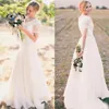 Abiti da sposa country economici 2017 scollo a V in pizzo manica corta top chiffon increspato abiti da sposa lunghi su misura Cina EN9204