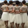 Beyaz Fildişi Kısa Gelinlik Modelleri Diz Boyu Kısa Kollu Gelinlik Elbise Dantel Aplike Tül Vestido Longo Onur Elbiseler Hizmetçi