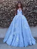 2017 New Arabic Prom Dresses Sky Blue Tulle Cap Sleeves Floor Length Lace Appliques Flowers Plus Size Evening Dress Party Pageant Gowns