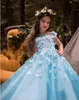 Härlig prinsessa ljusblå blomma flickor klänningar 3d blommig applicerad mössa ärm liten barn festlig festklänning