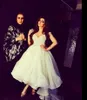 Avondjurken 2018 Arabische Myriam Tarieven Hoge Lage Shoulder Cap Sleeves Crystal Beaded Pearl Organza Tiered Ball Gown Party Prom-jassen