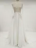 Echte Ivory Champagne Sheer Wedding Dress Illusion Top Mouwloze Zilveren Kant Applicaties Corset Back Chiffon Bruidsjurken met Split en Trein