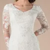 빈티지 레이스 인어 V 목 겸손 웨딩 드레스 긴 소매 v 목 버튼 다시 국가 LDS 웨딩 드레스 공식 신부 가운
