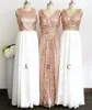 Roségoldene Pailletten, drei verschiedene Stile, lange Brautjungfernkleider für Hochzeit, elegante Trauzeugin-Kleider, formelle Party-Kleider für Frauen