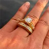 Ruxury 100％本当に925スターリングシルバーイエローゴールドリングセット女性20ct 7 * 7mmプリンセスカットTopaz Gemstone Rings