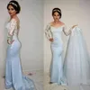 Modest 2017 Luz Azul Cetim Off The Shoulder Sereia Vestidos de Casamento Com Tule Saia Destacável Lace Appliqued Vestidos de Noiva EN8317