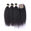 9A Mongolian Human Hair With Silk Base Closure Kinky Straight 3 Bundles With Closure Coarse Yaki Weaves With Silk Top Closure