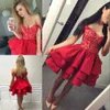 Red Three Layered Homecoming Dresses Lovely Off Shoulder Lace Satin Short Prom Dresses 2017 Fashion Mini Party Gown Fashion Graduation Dress