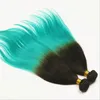 1B / Teal Ombre Virgin Peruvian Human Hair Extensions Silky Straight 3pcs Peruvian Ombre Human Hair Weave Buntar Svart och Teal Rak