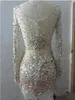 Manches longues v cou de perle en cristal en robe de bal court 2019 sexy sheer dos de bal robes vraies photo