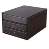3 Layers Wood Leather Desk Set Filing Cabinet Storage Drawer Box Office Organizer Document Container Holder Black ZA4637255Z