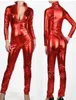 Sexy Brilhante Matellic Lycra Vermelho Spandex Zentai Terno Catsuit Bodysuit Macacão de Dança