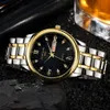 Relojes de pareja de amantes de lujo de marca superior, reloj resistente al agua con fecha para hombre, reloj de pulsera de cuarzo de acero inoxidable dorado para mujer, reloj para hombre