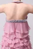 2016 Homecoming Jurken Kralen Halter Lagen Ruche Chiffon Rokken Mouwloze Mini Korte Stoffige Roze Echte Foto Galajurken9022416