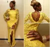 Dentelle jaune à manches longues robes de bal fille noire dos ouvert fendu robes de soirée gaine formelle fête Pageant robes sur mesure