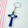 MIC 60PCS Blue Color Emalid Stop Jezus Christ Cross Charm Chain Key Pierścień DIY Jewelry3567384