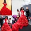 Red Plus Size Evening Dress Mermaid Long Ruffles Flouncing Black Girl Prom Dresses WIth Half Sleeves African style Formal Party Gowns