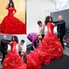 Rotes Abendkleid in Übergröße, Meerjungfrau, lange Rüschen, Volants, schwarze Mädchen-Abschlussballkleider mit halben Ärmeln, formelle Partykleider im afrikanischen Stil