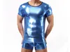 Wholesale-Men T Shirt PVC Pajama Set Sleepwear Sexy Mens Underwear Tees Undershirts Tshirts Faux Leather Casual Short Sleeve Boxers