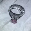 Märke Classic Smycken 100% Real 925 Sterling Silver Ring Set Cirkel 5A Zircon Pink CZ Engagemengagement Bröllop Band Ringar för Kvinnor Present