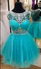 2016 Nieuwe Korte Sweet 16 Aque Homecoming Jurken Juweel Hals Crystal Beaded Tulle Turquoise Prom Jurken Feestjurk Formele Cocktailjurken