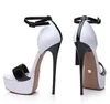 Atacado sexy na moda Branco e Preto Brilhante Patente Plataforma Stiletto Salto Alto Sandálias de 16 cm para as mulheres verão partido da noite tamanho 37 a 46