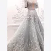 Lyx Zuhair Murad 2019 Aftonklänningar Lace Applique Pärlor Sweep Train Silver A Line Prom Gowns Crystal Short Sleeve Party Formell Dress