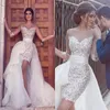 Abito da sposa arabo Colonna tubino Scollo a barchetta trasparente Illusion Maniche lunghe Abiti da sposa corti aderenti con gonna sopra staccabile