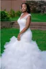 2017 White Sexy V Neck Backless Corset Beaded Court Train Mermaid Wedding Dresses Sleeveless Ruched Ruffle Bridal Gowns Vestidos BA2989