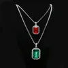 2pcs collier de rubis ensemble en argent plaqué or glacé carré rouge rubis Bling strass pendentif collier chaîne de boîte à bijoux hip hop
