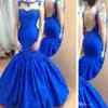 Mermaid Evening Dresses High Quality Prom Gowns Sheer Bateau Neck Appliques Trumpet Elastic Satin Evening Gowns