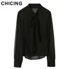 Wholesale-CHICING Women Chiffon Blouses 2016 Pussy Bow Tie Lantern Long Sleeve Transparent Tops Party Club Shirt blusas femininas B1512055