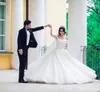 2017 Luxury Ball Gown Wedding Dresses Off Shoulder Sheer Long Sleeves Lace Appliques Flowers Beaded Cathedral Train Plus Size Bridal Gowns