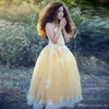 Pageant Light Yellow Sheer Neck Beads Lace Appliques Flower Girls Dresses for Weddings Tulle Kids Formal Party Dress