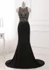 Jewel Neckline Mermaid Evening Klänningar Med Pärlor Bodice Black Chiffon Long Prom Dress Illusion Back Vestidos De Fiesta Baratos