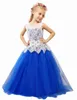 Vintage Çiçek Kız Elbise Çocuk Örgün Önlükler Düğün için Bir Çizgi Kraliyet Mavi Flowergirl Kat Uzunluk Elbise Dantel En Kristaller Peplum