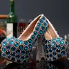2016女の子のための美しい青い母音の靴のための靴のための高さ14cmの12cmの吹き付けブリンの結婚式の靴の結婚式の靴の花嫁のブライダルパーティーシューズ