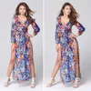 Letni styl Długie Maxi Dress V-Neck Z Długim Rękawem Kobiety Boho Dresses Moda Casual Slit Blue Floral Print Beach Sukienka Vestidos